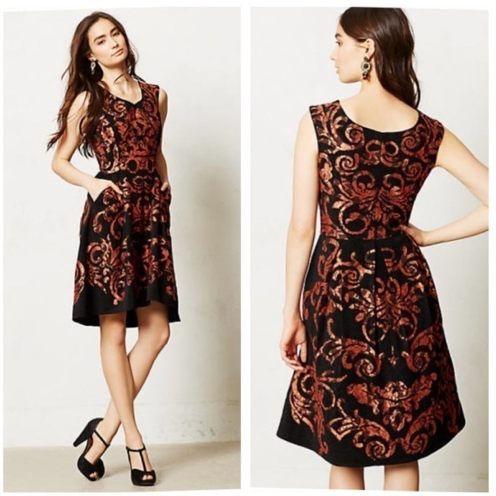 Anthropologie | Yoanna Baraschi Damask Paisley Dress Black Orange, Size 4